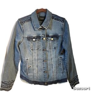 Liverpool Blue Embroidered Jean Jacket Western Design NWT Sz M Hi-Low Style